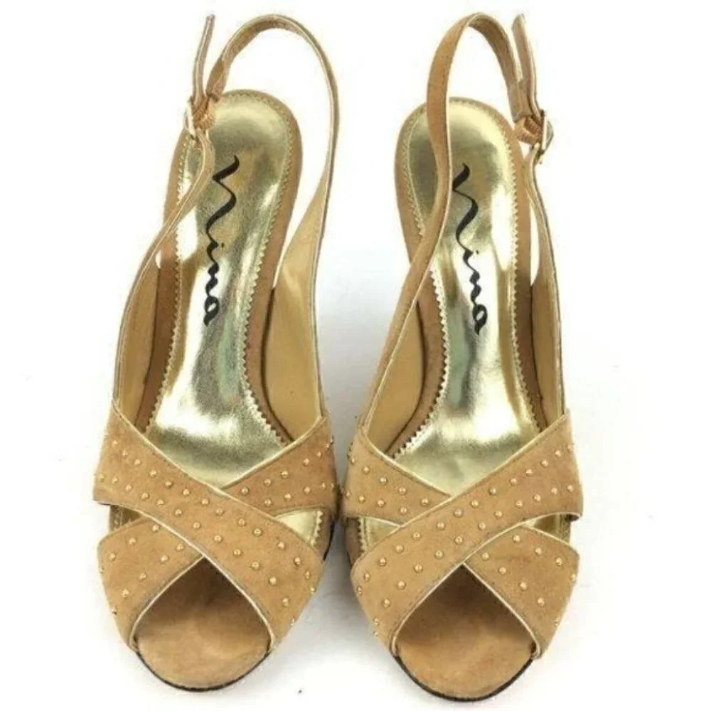 Nina Heels Size 8 38 tan Suede Studded Peep Toe Wedges